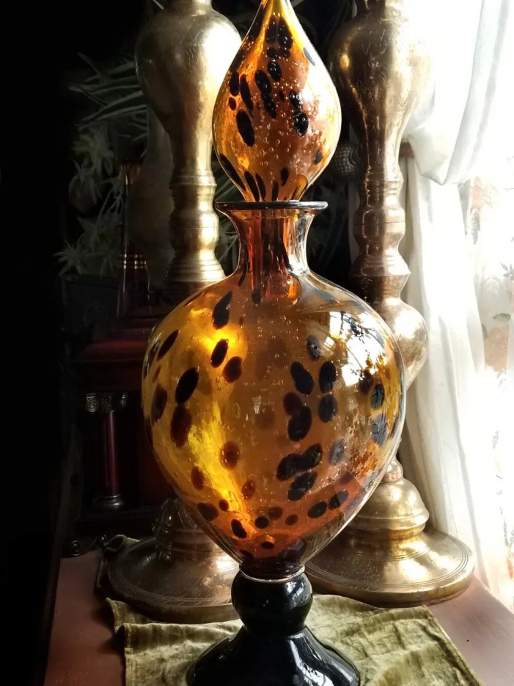 Large Murano Glass Amber Black Oil Spot Decanter Italy Genie Bottle Vase MCM 21